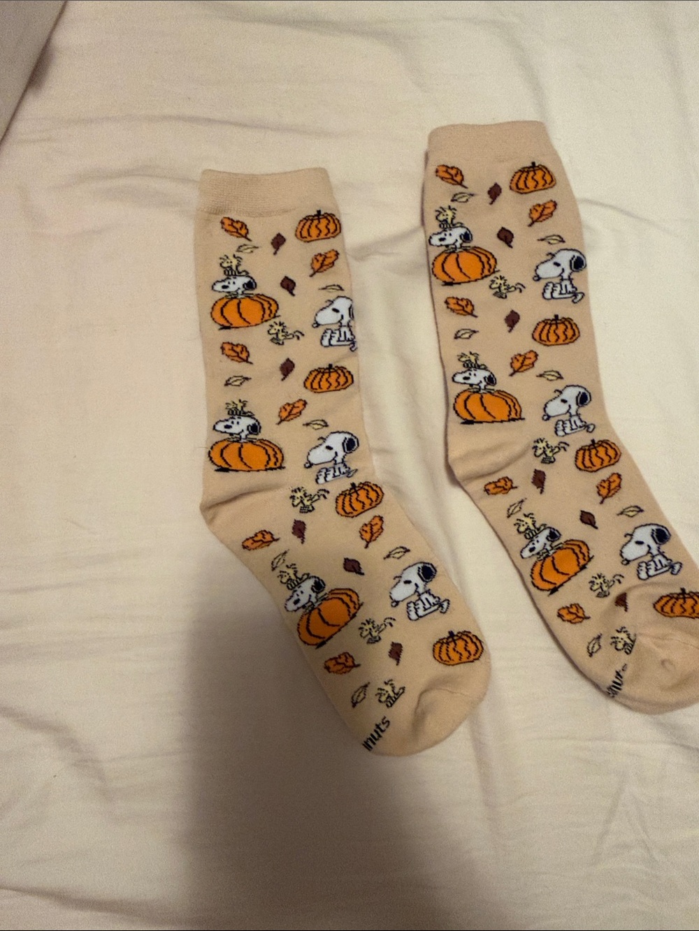 American Eagle Outfitters Beige Socks with Orange Pumpkin & White Snoopy